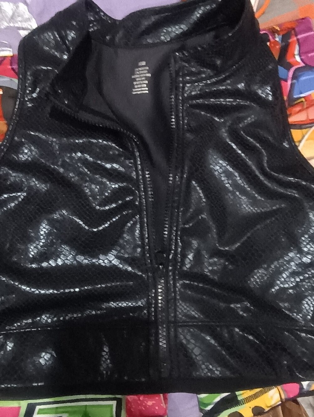 GRRRL Size Heidi Black Shiny Snake Skin Textured Zip-Up Top
